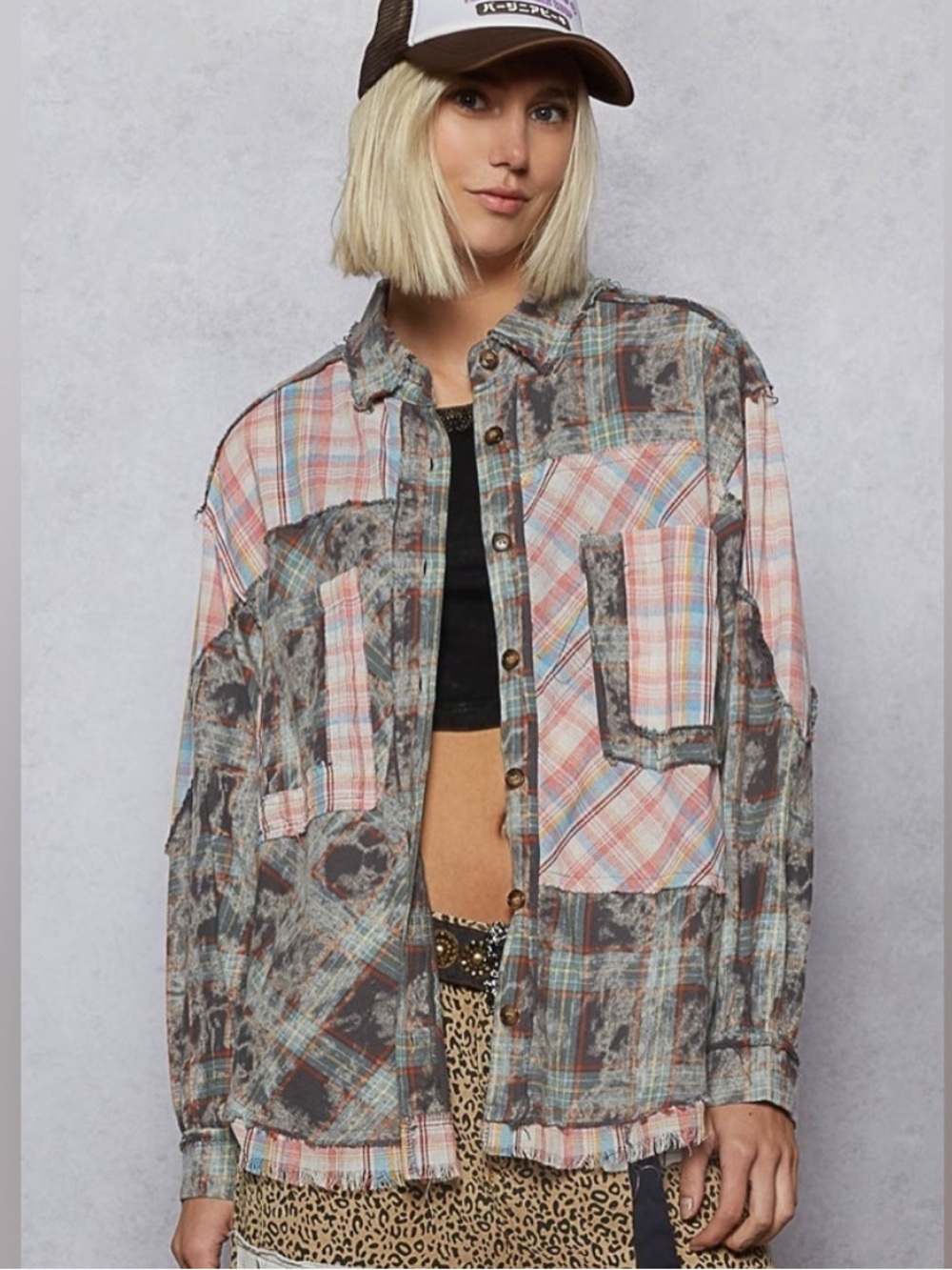 POL Patchwork Plaid Button-Down Shirt pocket Shacket - Pink, Gray, Blue - Picture 3 of 5